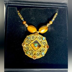 Vintage Necklace. Brass & Bead Tiger Eye Michael Golan 18"